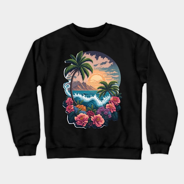 Tropical Paradise Sunset - Vibrant Colors, Palm Trees, and Tranquil Waves Crewneck Sweatshirt by The Wolf and the Butterfly